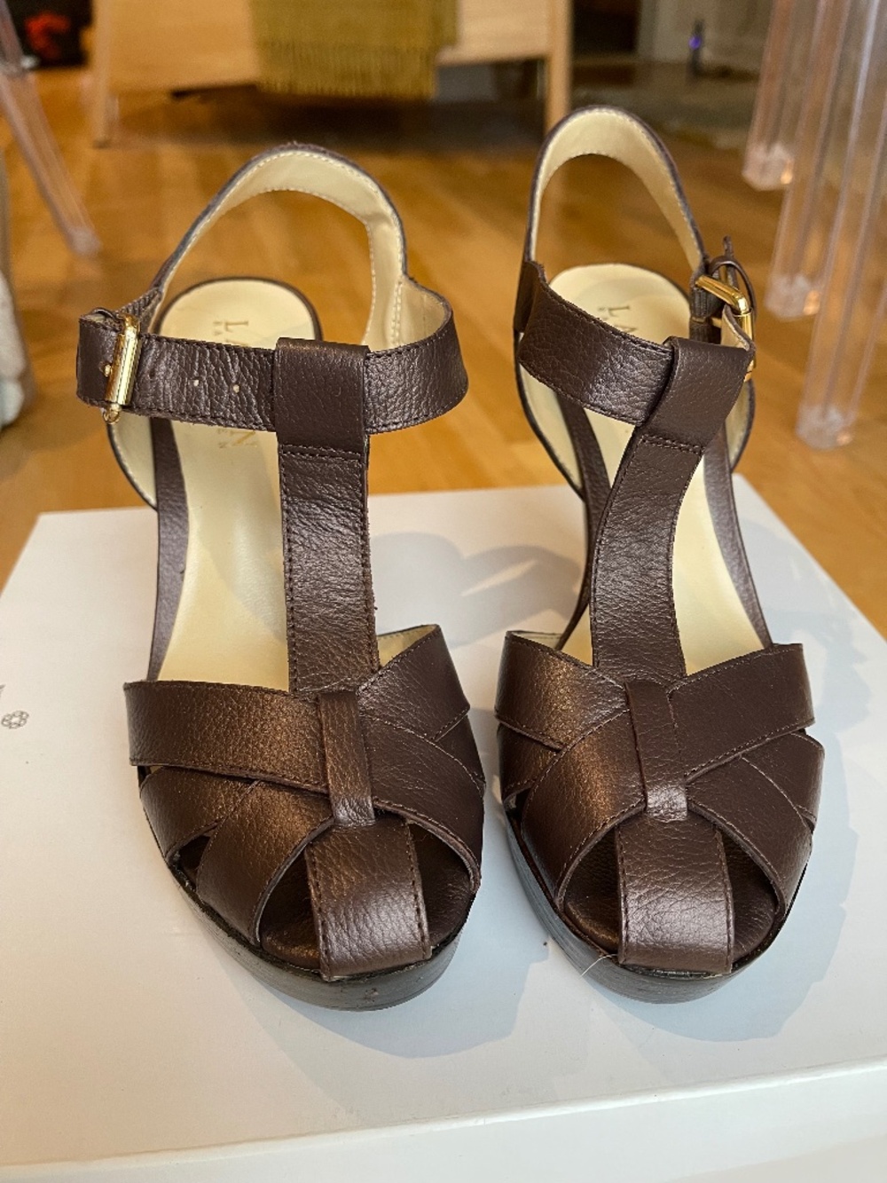 Lauren Ralph Lauren T-Bar Brown Leather Heels, NEVER WORN, Size US 5.5, EU 35.5